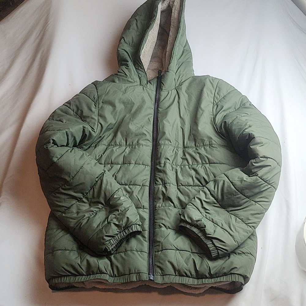 Abercrombie Kids Hooded Puffer Jacket Olive Green Sherpa Lined Size 15/16